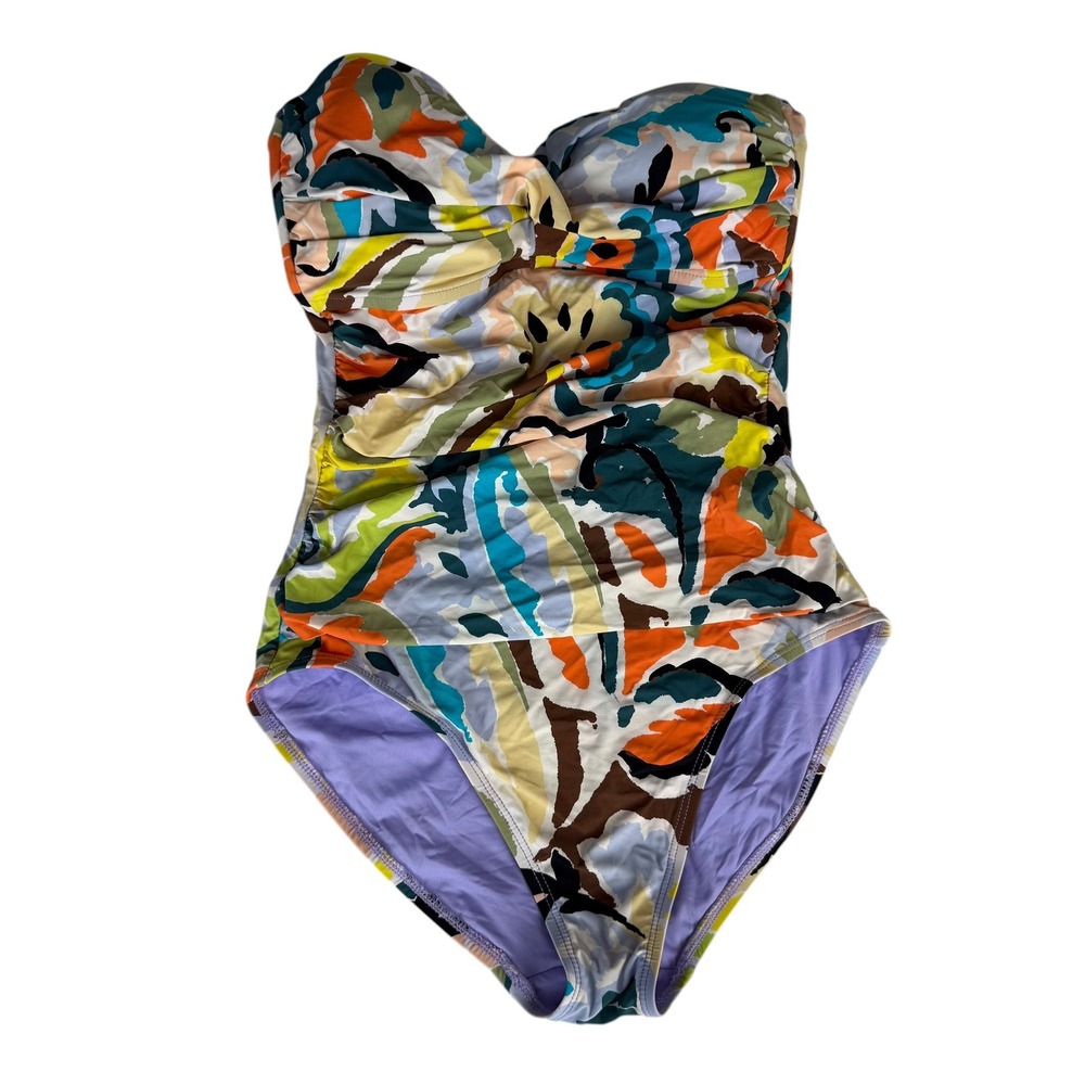 Anne Cole Strapless One Piece Swimsuit Multicolor Abstract Floral Ruched Size 6
